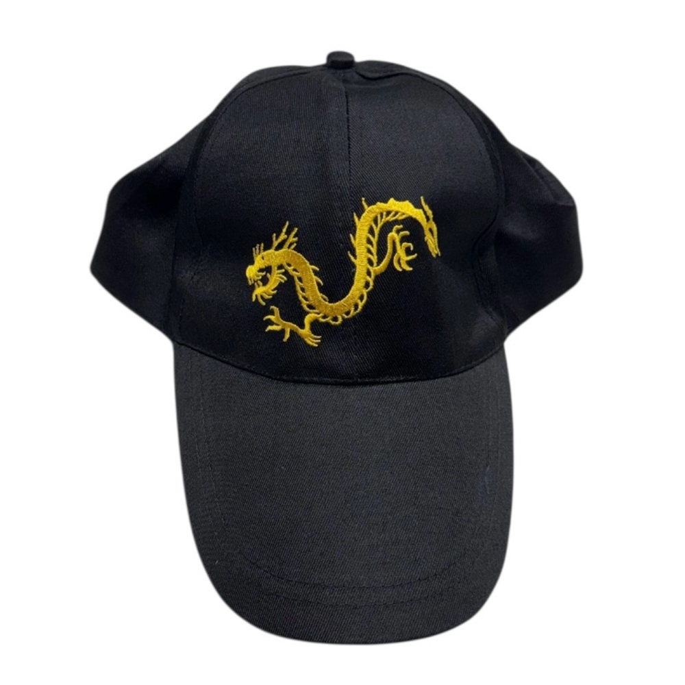 Unbranded black and yellow / gold colored hat with dragon design embroidered on!